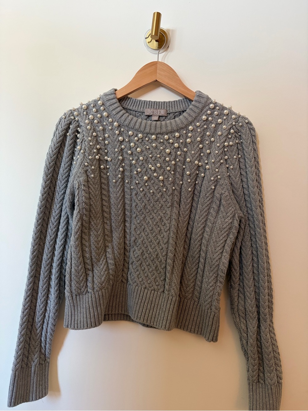 J. Crew Gray Pearl-Embellished Cable Knit Crewneck Sweater